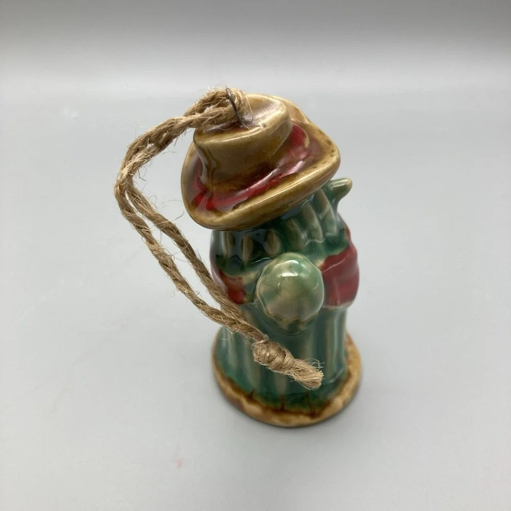 Set Of 2 Cowboy Saguaro Cactus Ceramic Ornaments Bandana Hat Western Fun